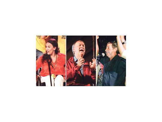Festejos entre los ganadores: Gabriela Michetti (Capital), Juan Schiaretti (Córdoba) y Julio Cobos (Mendoza).