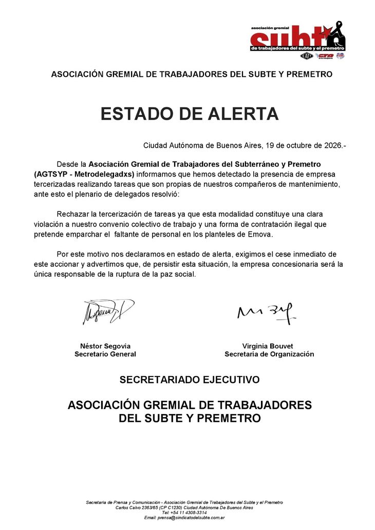 A través de un comunicado difundido este lunes 19 de octubre, el sindicato reclamó el cese inmediato de las tareas realizadas por las empresas tercerizadas y responsabilizó a Emova por las posibles consecuencias del conflicto. A través de un comunicado difundido este lunes 19 de octubre, el sindicato reclamó el cese inmediato de las tareas realizadas por las empresas tercerizadas y responsabilizó a Emova por las posibles consecuencias del conflicto.