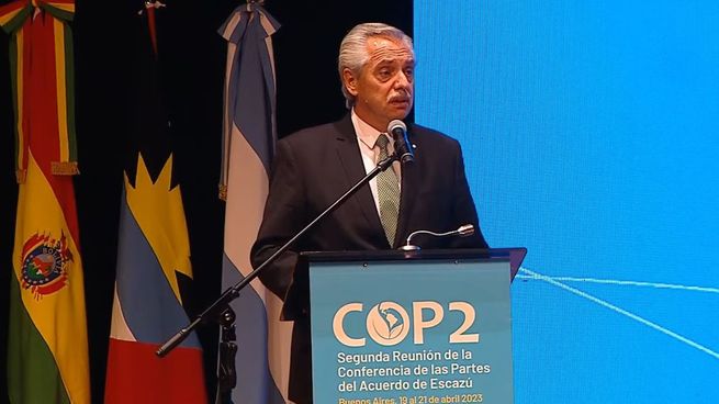 El presidente Alberto Fernández durante la Segunda Reunión de la Conferencia de las Partes del Acuerdo de Escazú, en el Centro Cultural Kirchner.&nbsp;