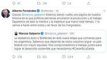 El intercambio de mensajes entre Alberto Fernández y Marcos Galperín.