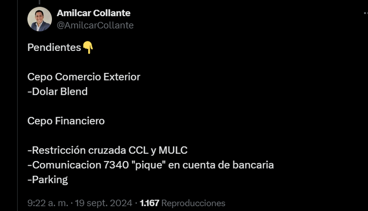 Collante's post with the pending issues regarding the cepo. Collante's post with the pending issues regarding the cepo.