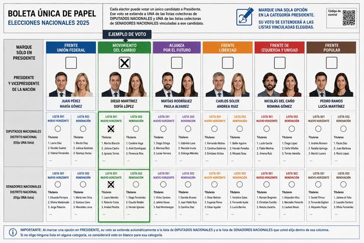 Así podría quedar la Boleta Única de Papel con lista colectora (imagen generada con inteligencia artificial). Así podría quedar la Boleta Única de Papel con lista colectora (imagen generada con inteligencia artificial).