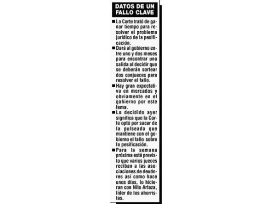 Corte se toma más de un mes para definir la pesificación