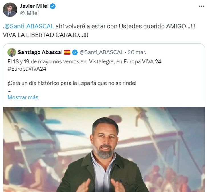 El tuit de Javier Milei en el que confirma su viaje a España. 