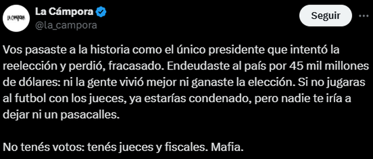 El tuit de La Cámpora contra Macri.