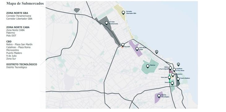 Fuente: CBRE Argentina (el mapa muestra los submercados con mayor dinamismo en la ocupación de oficinas) Fuente: CBRE Argentina (el mapa muestra los submercados con mayor dinamismo en la ocupación de oficinas)