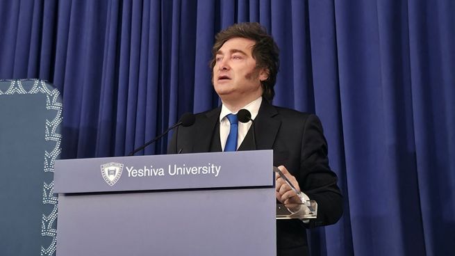 Javier Milei durante su presentación en la Universidad Yeshiva.&nbsp;