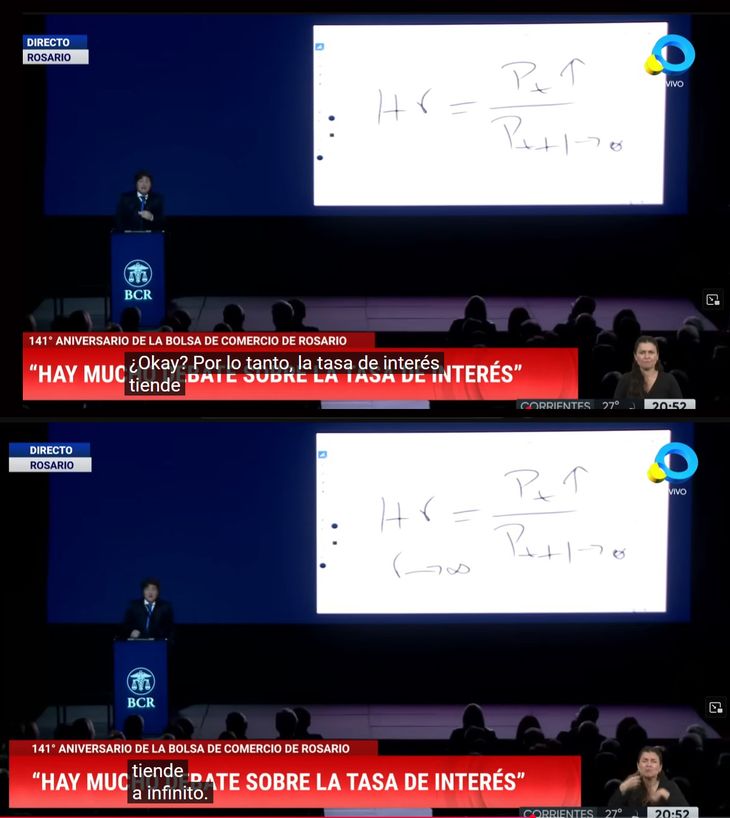 Javier Milei en la Bolsa de Rosario, modelando porque el mercado espera que la tasa de interés tienda -y se justifica que él la eleve- a infinito ante el riesgo KUKA. Su error: matemáticamente la fórmula es indeterminada y Hr tiende a menos infinito (al acercarnos al fin del mundo la tasa de interés cae a “menos infinito”, no sube a “más infinito”) Javier Milei en la Bolsa de Rosario, modelando porque el mercado espera que la tasa de interés tienda -y se justifica que él la eleve- a infinito ante el riesgo KUKA. Su error: matemáticamente la fórmula es indeterminada y Hr tiende a menos infinito (al acercarnos al fin del mundo la tasa de interés cae a “menos infinito”, no sube a “más infinito”)