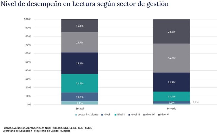 Gráfico 2: niveles de desempeño de lectura por tipo de gestión (estatal vs privada).