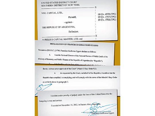 Documento de noviembre de 2012, donde la Argentina, según los fondos buitre, se comprometía a aceptar las decisiones de la Justicia de EE.UU.