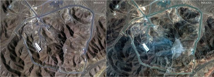La vista aérea de Fordó, antes y después del ataque. Más de 125 aeronaves participaron en la misión, incluyendo siete B-2 Spirit, cazas escoltas, aviones de reconocimiento y unidades de reabastecimiento aéreo. La vista aérea de Fordó, antes y después del ataque. Más de 125 aeronaves participaron en la misión, incluyendo siete B-2 Spirit, cazas escoltas, aviones de reconocimiento y unidades de reabastecimiento aéreo.