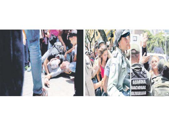 Horacio Blanco, de 66 años, yace en el piso luego de ser atacado por chavistas en Caracas (izq.). El militante del opositor Voluntad Popular falleció minutos después. La esposa de Leopoldo López, Lilian Tintori, saludó a los manifestantes que acudieron a esperar el fallo (der.).