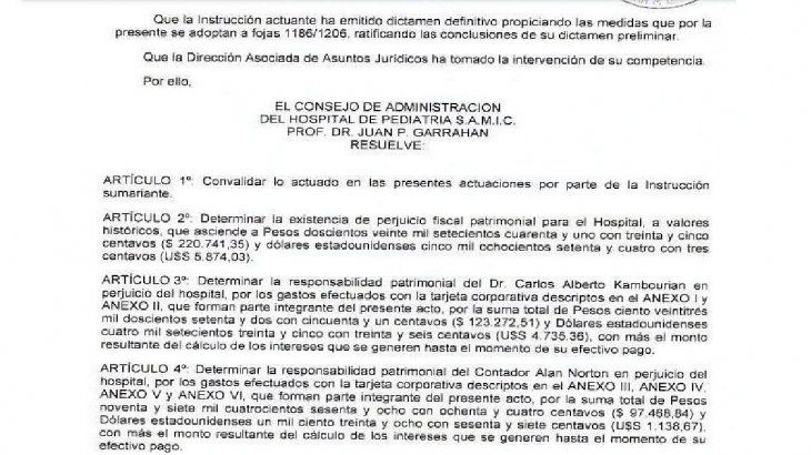 La Resolución del Hospital Garrahan se adoptó en base a un suculento informe de seis Anexos sobre los gastos irregulares de su ex titular Carlos Kambourian. 
