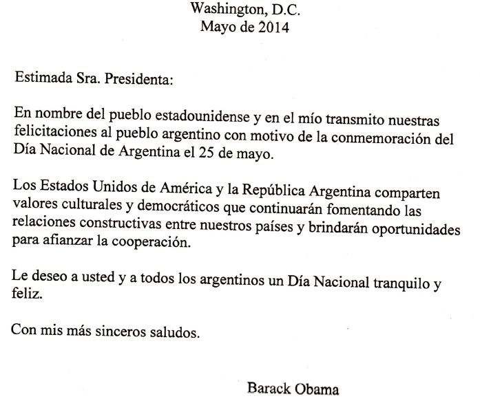 Carta del presidente estadounidense.