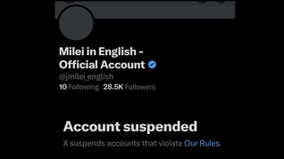 La cuenta oficial en inglés de Javier Milei estuvo suspendida por menos de una hora. La cuenta oficial en inglés de Javier Milei estuvo suspendida por menos de una hora.