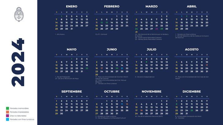 El calendario 2024 con todos sus feriados marcados.