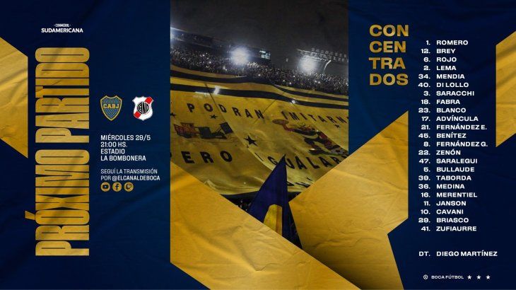 Boca oficializó la lista de convocados para el partido de mañana por la Copa Sudamericana ante Nacional Potosí.