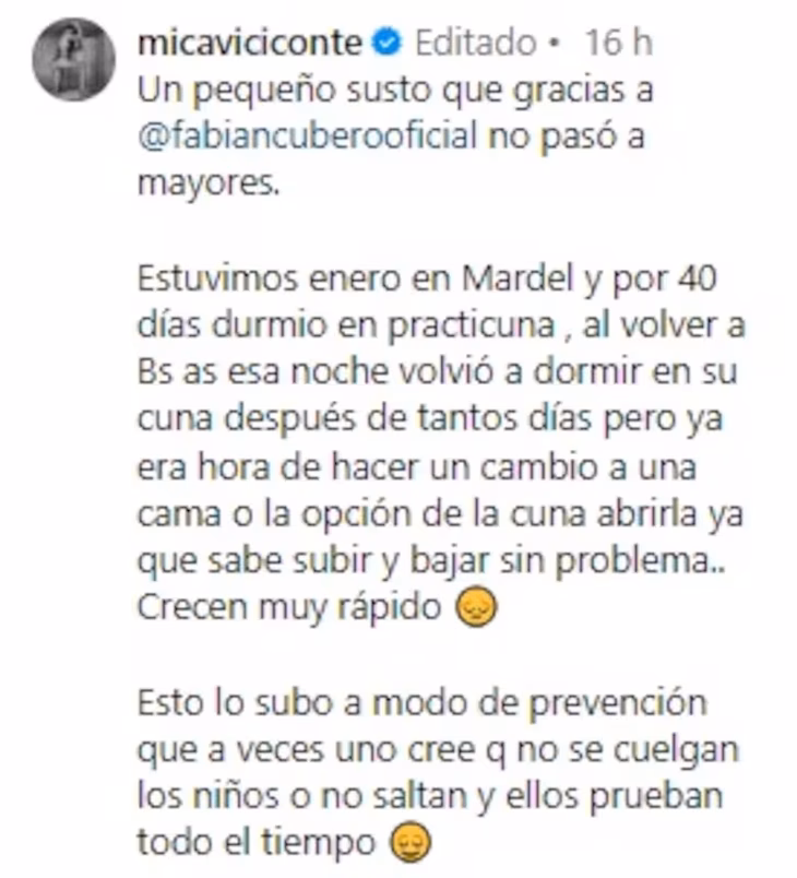 Mica Viciconte's message on her Instagram account Mica Viciconte's message on her Instagram account