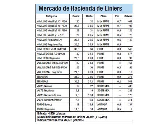 Índice Novillo subió 13,3% en Liniers