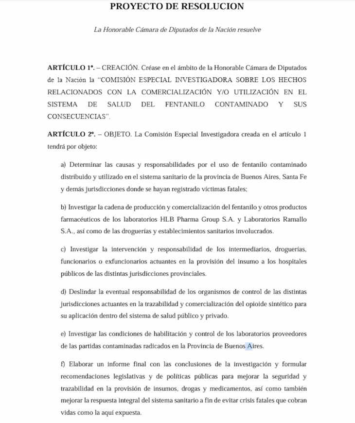 El proyecto que presentaron diputados del PRO para crear una comisión para esclarecer cómo ingresó el fentanilo adulterado al sistema de salud.