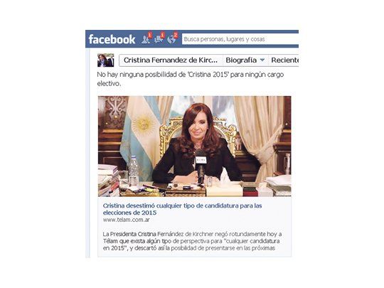 Cristina de Kirchner aseguró, a través de un cable de Télam y en supágina de Facebook, que no tiene planes para ser candidata en 2015.