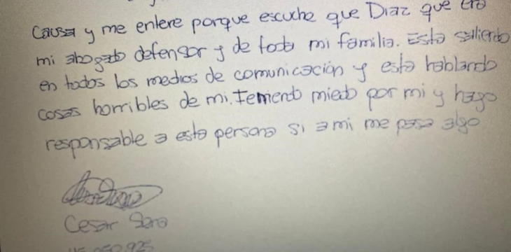 La carta enviada por César Sena desde la cárcel.