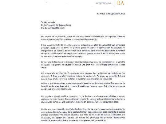 La dura carta de renuncia de Gvirtz