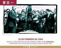 En 1964 el presidente, Adolfo López Mateos, recibe simbólicamente por parte de los Estados Unidos el territorio de El Chamizal. En 1964 el presidente, Adolfo López Mateos, recibe simbólicamente por parte de los Estados Unidos el territorio de El Chamizal.