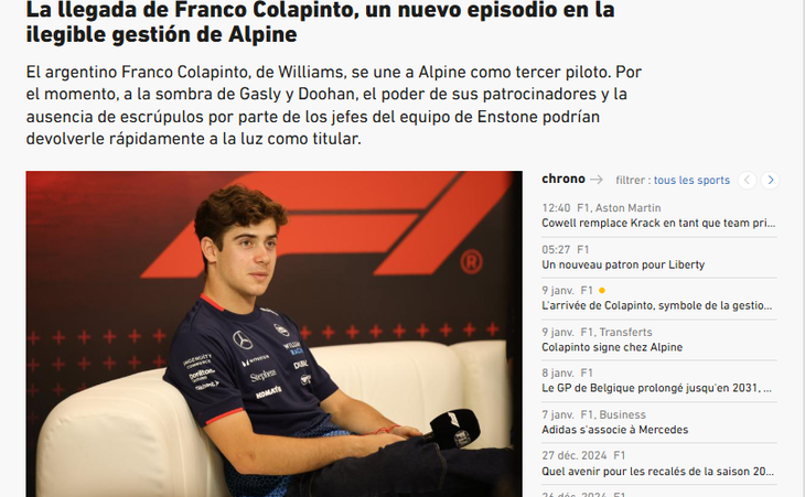 La dura bienvenida del medio francés a Colapinto. La dura bienvenida del medio francés a Colapinto.