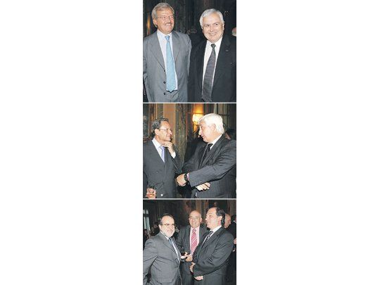 Luis Betnaza (Techint)y Oscar Vicente(Petrobras); MarianoGrondona y LuisCorsiglia; ArnaldoBocco, Aníbal Jozami yEduardo Hecker(presidente del BancoCiudad). Todos ellos yvarios, centenares másy reunidos en laembajada de Brasil porla condecoración aMartín Redrado.