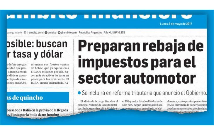 Primicia. El 8 de mayo pasado Ámbito Financiero había anticipado que el Gobierno analizaba bajar los impuestos a los 0 km.