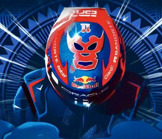 Con los colores que dan identidad a Red Bull Racing, el piloto mexicano peleará en la pista con un casco que es icono de la cultura popular mexicana.