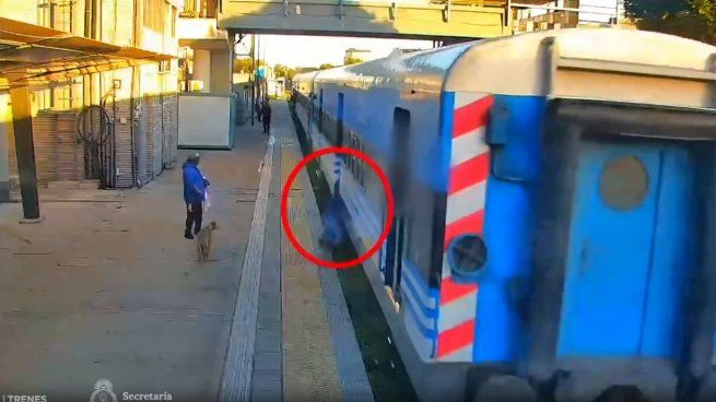 El momento exacto en que la mujer cayó a las vías del tren tras intentar subirse en movimiento a la formación.