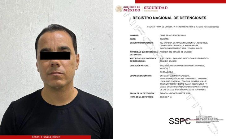Según una ficha del Registro Nacional de Detenciones, el mexicano de 44 años, fue capturado en la calle 20 de Noviembre entre la calle 28 de Enero y Emiliano Zapata, por agentes de la policía de investigación y puesto a disposición del Ministerio Público. Fotos Fiscalía Jalisco. Según una ficha del Registro Nacional de Detenciones, el mexicano de 44 años, fue capturado en la calle 20 de Noviembre entre la calle 28 de Enero y Emiliano Zapata, por agentes de la policía de investigación y puesto a disposición del Ministerio Público. Fotos Fiscalía Jalisco.