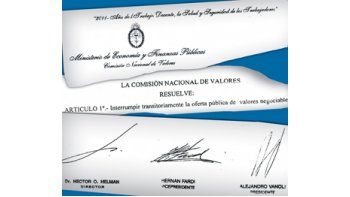 ámbito.com | Facsímil de la resolución firmada por las autoridades de la CNV, que establece la interrupción transitoria de la oferta pública de Siderar.