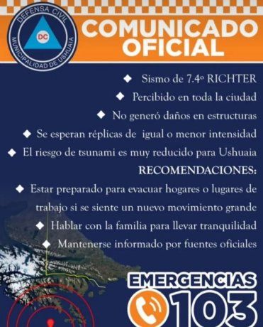 Un comunicado oficial de la Defensa Civil de Ushuaia recomendó 