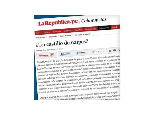 La columna periodística del Nobel de Literatura Mario Vargas Llosa, publicada ayer en el diario La República de Perú.