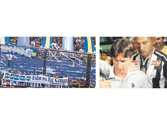 Las banderas de La 12 son elocuentes: «Diego, ésta es tu casa», en su regreso a Boca. Arriba otra foto que vale por mil palabras: el «Gusano» Pugliese lo cuida a Lionel Messi, la joya más preciada.