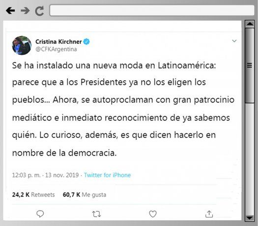 Tuit. Cristina de Kirchner opin&oacute; por Twitter sobre Bolivia.