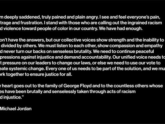 El comunicado donde Michael Jordan repudia el racismo que sufrió George Floyd por parte de la policía de Minneapolis.