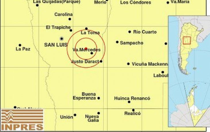 Según el INPRES, el epicentro del sismo ocurrió a 71 km al SE de San Luis; 274 km al SO de Córdoba; 20 km al NO de Va.Mercedes -33.549 (lat) -65.624 (long).