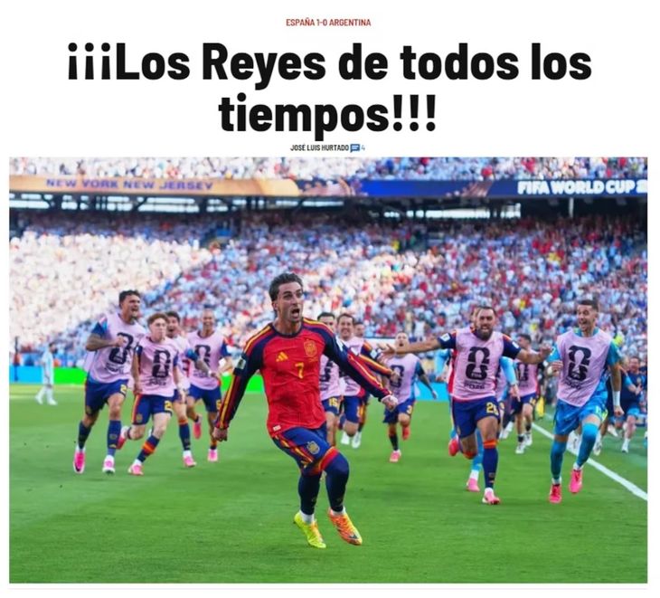 En su portal el diario abrió con el título "¡Los reyes de todos los tiempos!". En su portal el diario abrió con el título "¡Los reyes de todos los tiempos!".