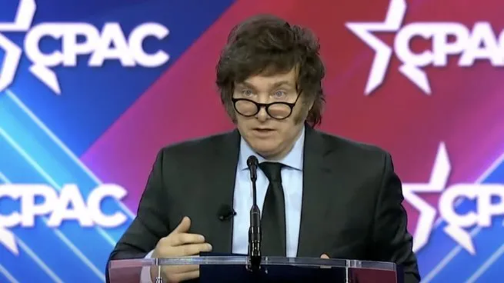 Javier Milei en la CPAC, Washington, EE.UU., febrero de 2024. Arranca su cruzada contras Vilfredo Pareto