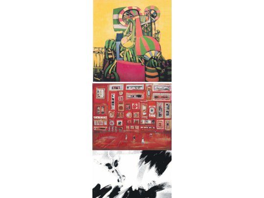 Arriba, una de las obras de los 60 de Osvaldo Borda que exhibe el Centro Borges. También en el Borges se puede ver la serie “Bestiario” del dibujante Carlos Langone (última). Y en el medio, una de las imágenes de la ciudad de  Luisa González en la UCA.