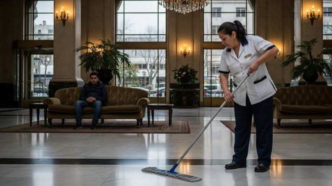 Una trabajadora de limpieza en el lobby casi vacío de un hotel céntrico de Buenos Aires. La baja ocupación golpea al empleo en todo el país