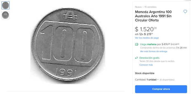 Moneda de 100 australes en Mercado Libre.