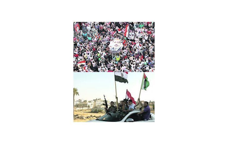El triunfo de la Hermandad Musulmana desató la euforia de los simpatizantes islamistas en Egipto (arriba). Los milicianos de Hamás, convencidos de que el nuevo Gobierno islamista aliviará el bloqueo del territorio, reaccionaron con similar entusiasmo (abajo).