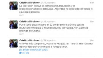 Los tuit de Cristina de Kirchner sobre la liberación de la Fragata Libertad.