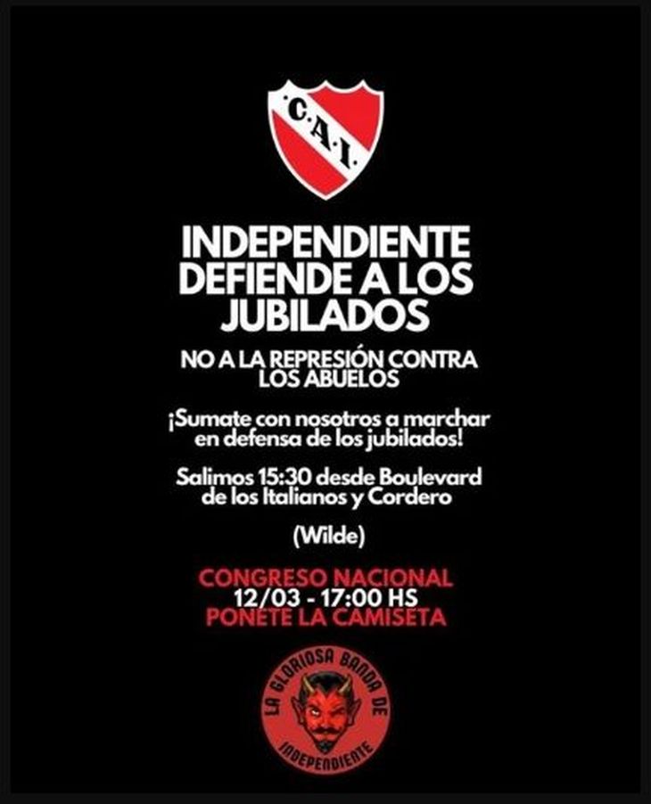 Hinchas del Rojo pidieron por el apoyo a los jubilados. Hinchas del Rojo pidieron por el apoyo a los jubilados.