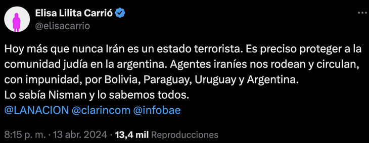 Carrió aseguró que ''hoy más que nunca Irán es un estado terrorista''. Carrió aseguró que ''hoy más que nunca Irán es un estado terrorista''.